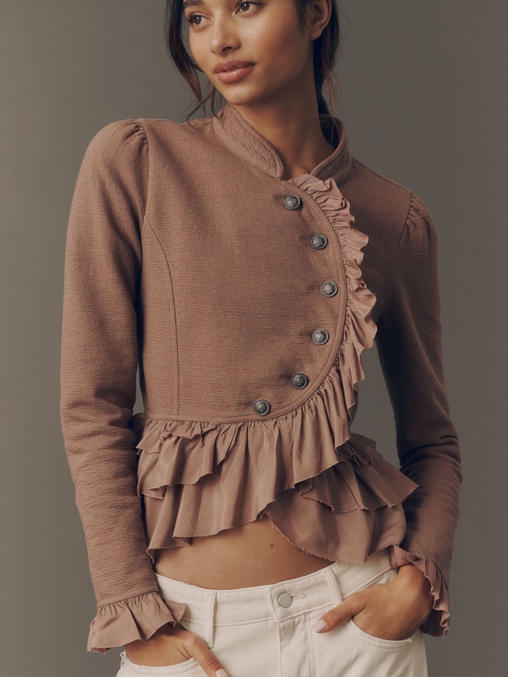 Anthropologie Curved Ruffle Military Cardigan Top